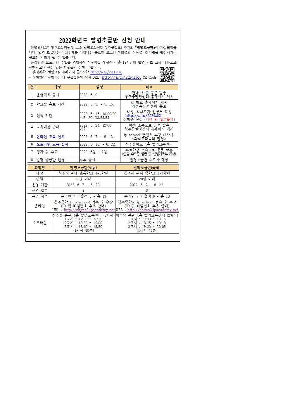 2022. 청주중학교 발명교육센터 발명초급반 운영계획001